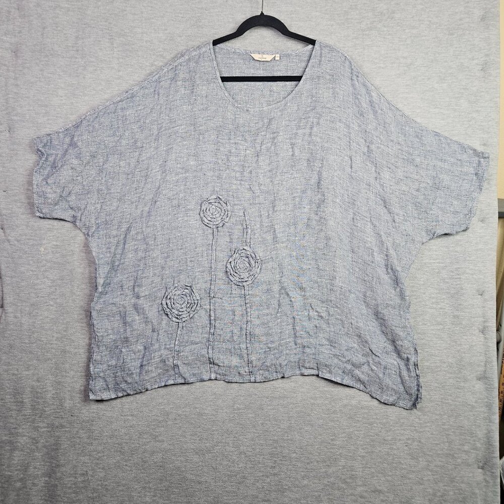 Cheyenne Linen Blue Tunic Round Neck 3D Floral Blouse Short Sleeve Size 2X